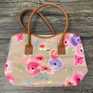Tupperware Floral Tote Bag Beige Pink Purple Canvas Faux Leather Handles